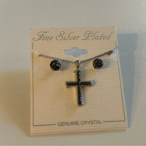 Silver plated CZ 6mm black stud / cross earring necklace set.  NEW